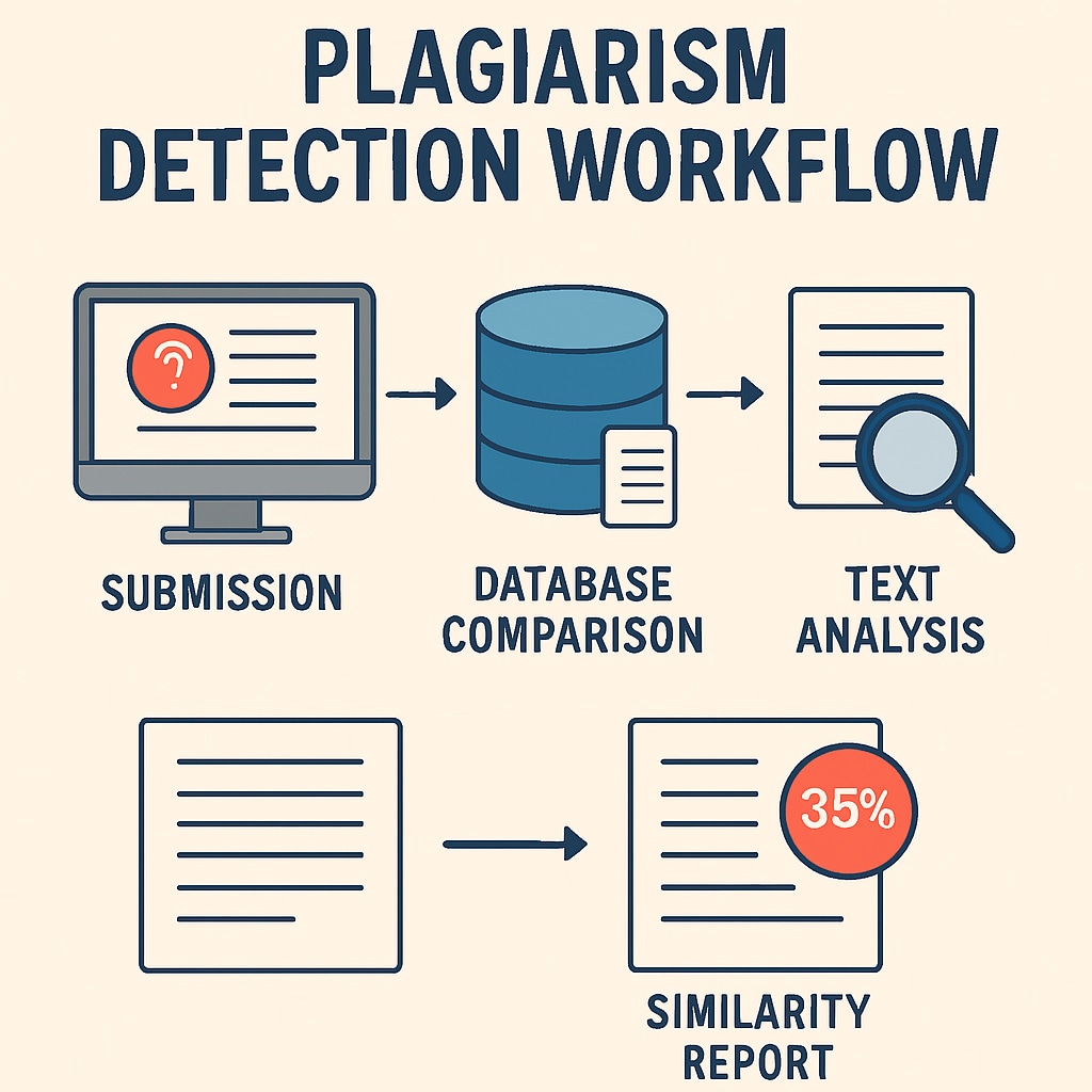 An infographic showing the workflow of plagiarism detection tools like Turnitin, including database comparison and similarity reports. Turnitin Plagiarism Detection Workflow