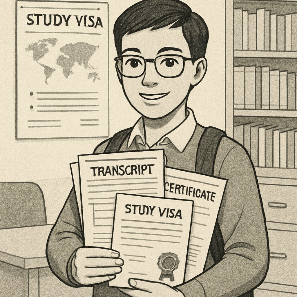 A student holding a stack of documents, such as transcripts and certificates, while applying for a study visa. A student with documents for study visa application, illustrating challenges in international mobility.