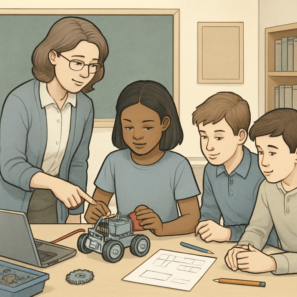A teacher working with students on a STEM project, emphasizing personalized instruction. Teacher guiding students in a STEM project, focusing on personalizing learning to address invisible difficulties.