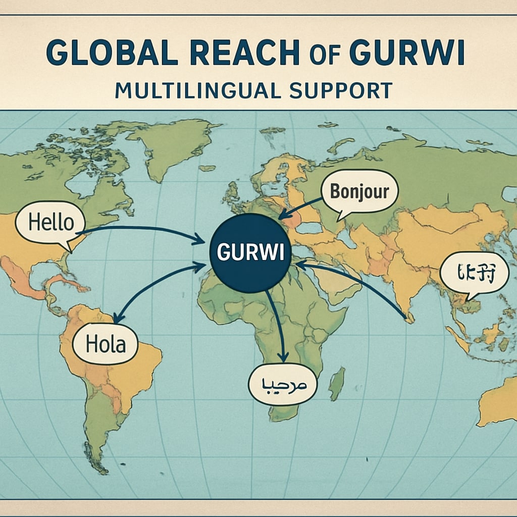 A map illustrating the global reach of Gurwi with multilingual support. Gurwi's multilingual education feature represented on a global map
