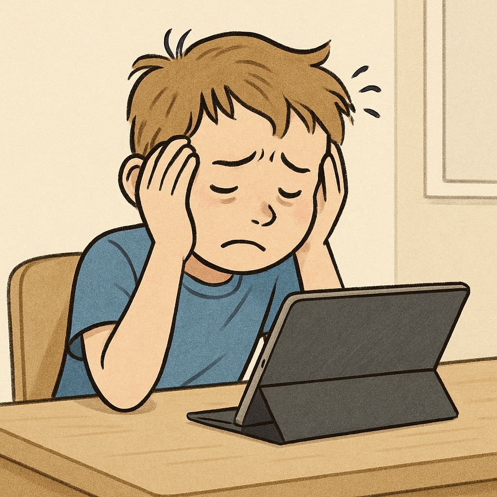 Child experiencing stress due to technology addiction, mental health concerns, and lack of parental guidance.