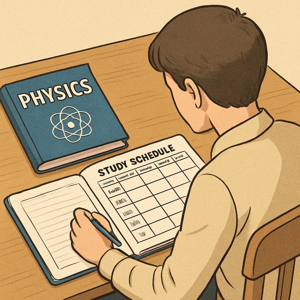 A student organizing a study schedule with a physics textbook and planner on a desk. Physics backlogs, time management, exam preparation study tools and schedule.