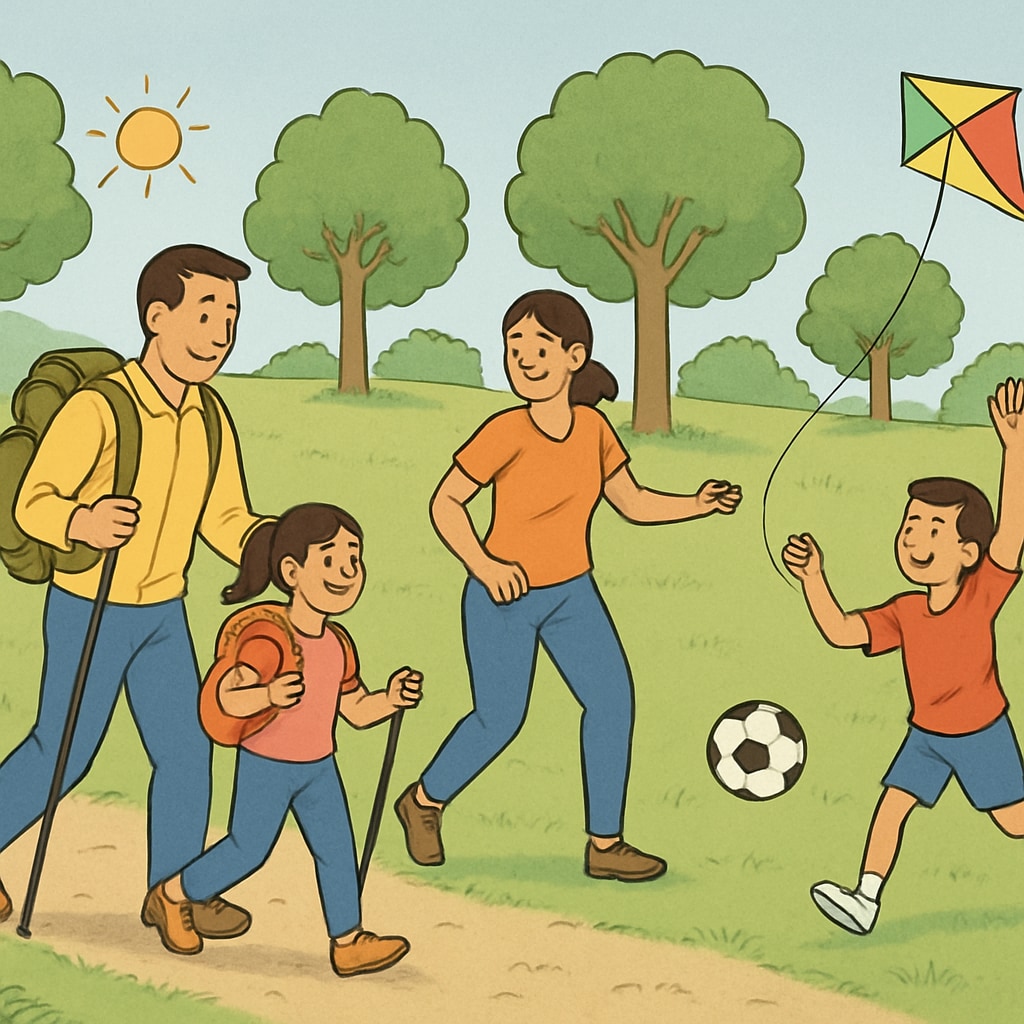 Family promoting mental health and balanced screen time through outdoor activities and parental guidance.