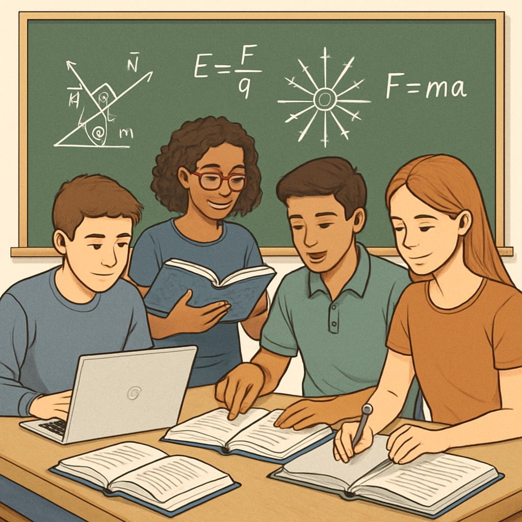 Students working collaboratively on physics problems with textbooks and laptops. Physics backlogs, time management, exam preparation group study session.