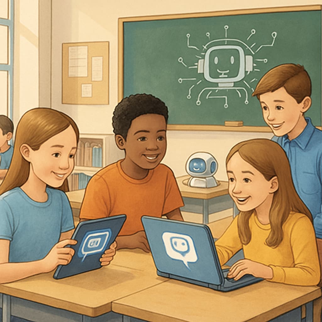 A classroom setting showing students interacting with AI-powered tools like tablets, emphasizing collaborative learning and the integration of technology. Students using AI tools for collaborative learning in classrooms.