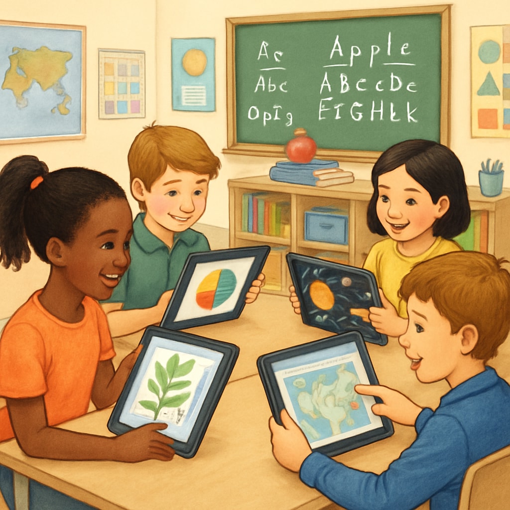Interactive classroom scene showcasing visual teaching methods and students using tablets for learning.