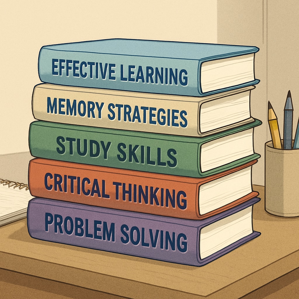 A stack of books with titles on learning techniques and cognitive strategies resting on a study desk, symbolizing effective learning. Books on learning methods and cognitive strategies arranged on a desk.