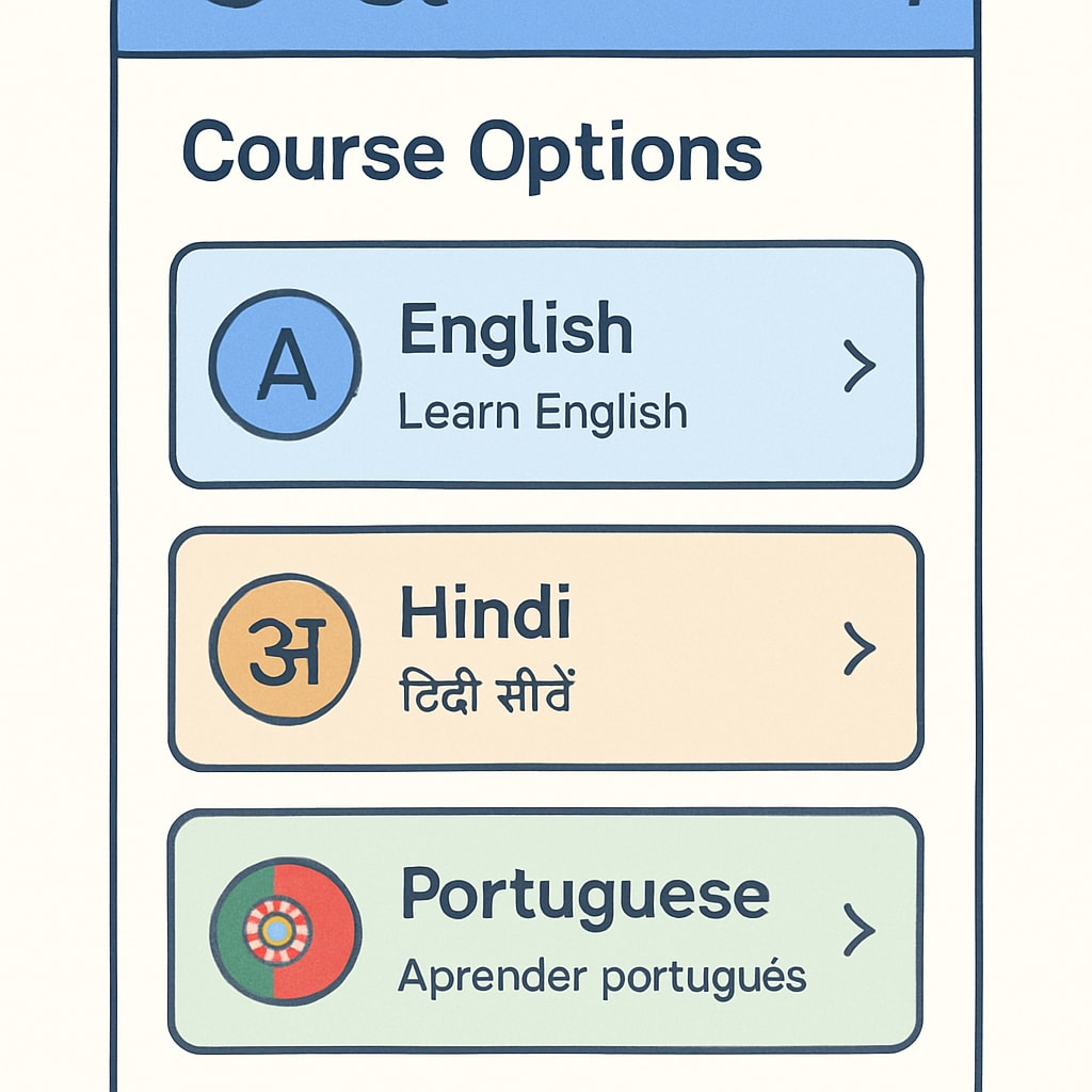 Gurwi app interface showing multi-language course options for global learners.