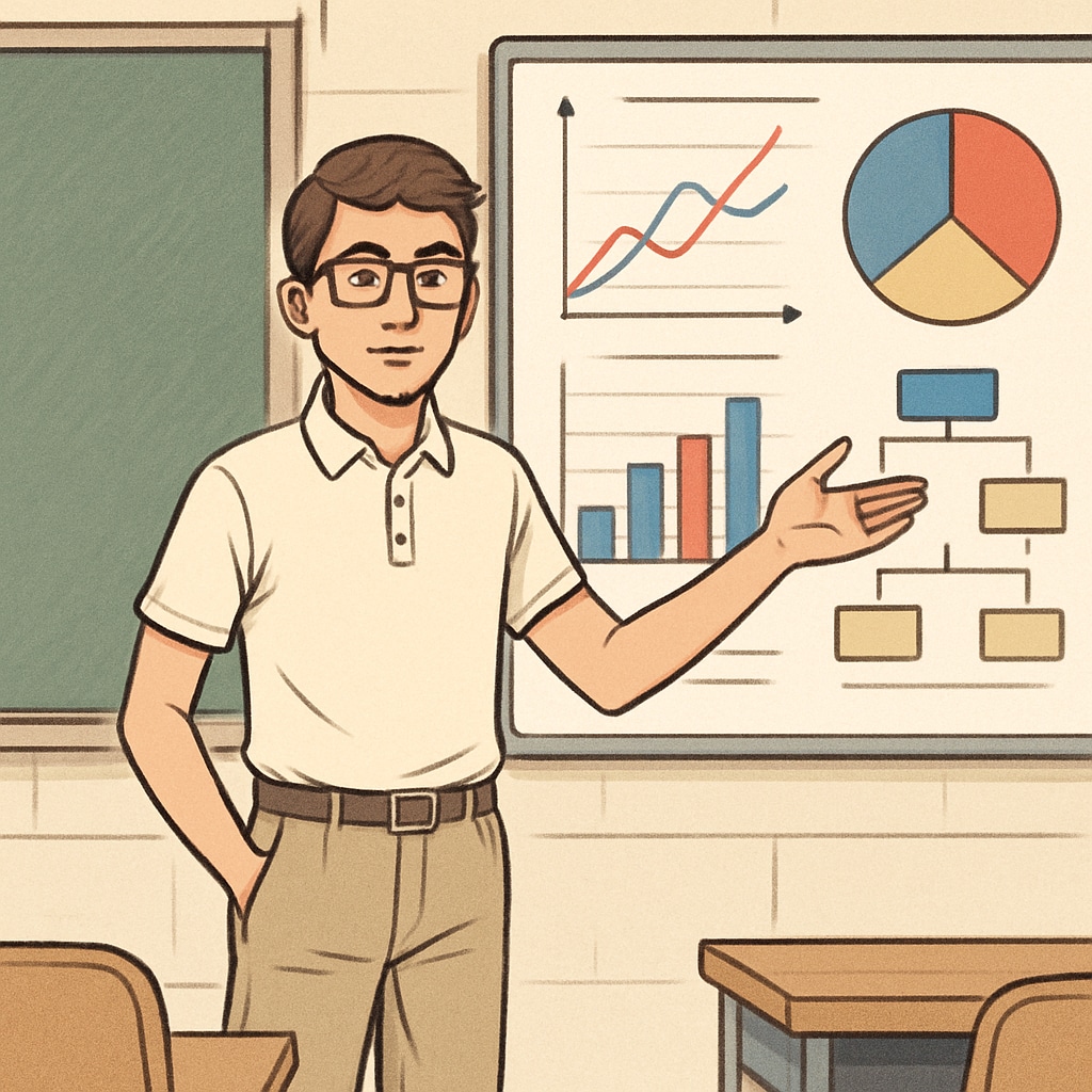 A student presenting a topic learned through AI tools, accompanied by charts and diagrams, illustrating critical thinking and understanding. A student showcasing critical thinking skills by presenting AI-supported insights.