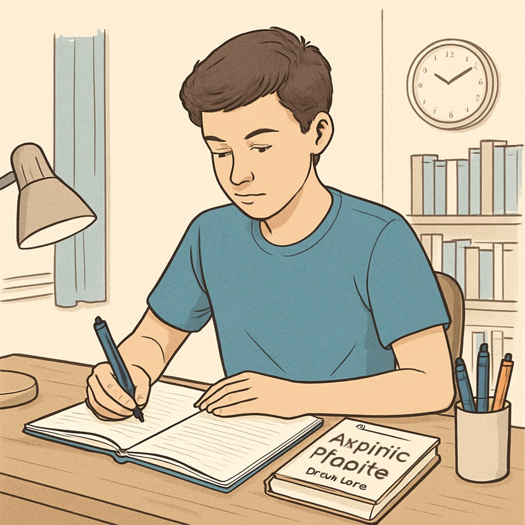 Teenager studying at a desk with a notebook and a copy of Teen studying alongside