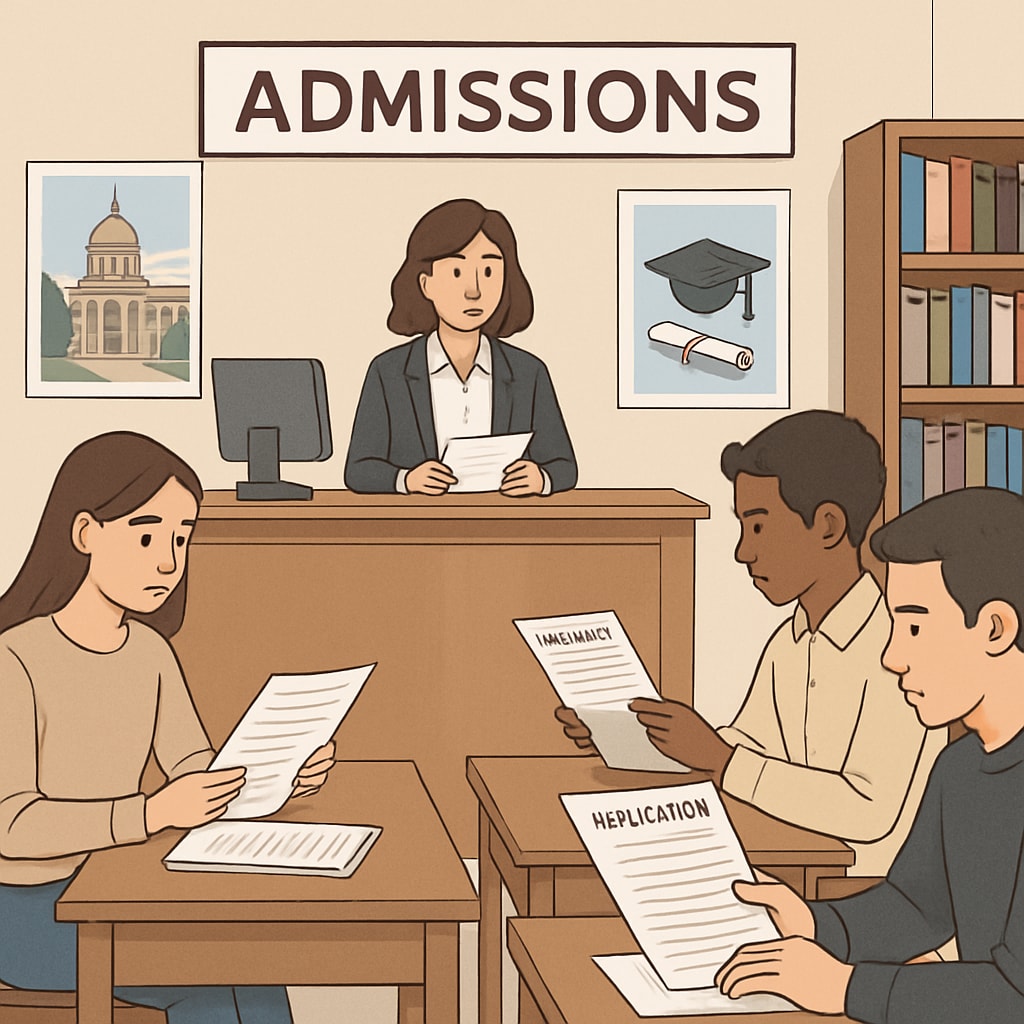 University admissions office with students reviewing application documents.