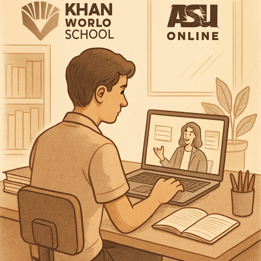 A student sitting at a desk with a laptop, engaging in an online course from Khan World School and ASU Online. A student using a laptop for Khan World School and ASU Online dual enrollment.