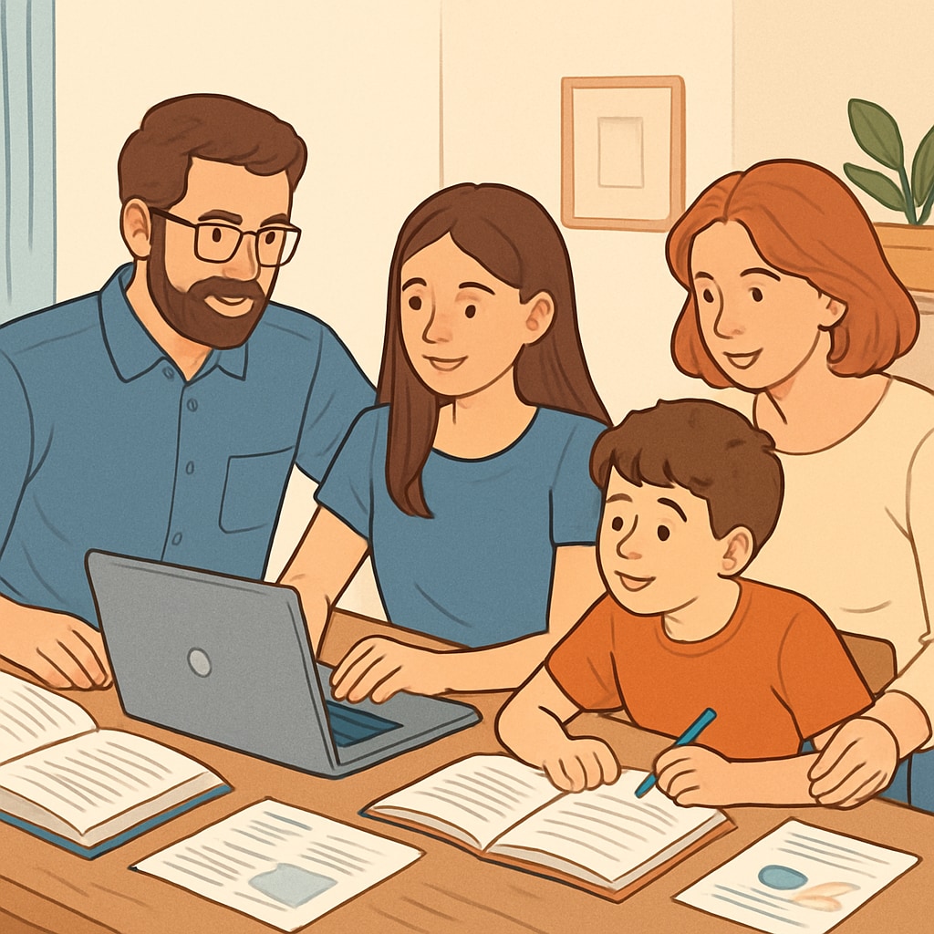 A family discussing coursework at home, illustrating the collaborative effort required in online learning. A family working together to support their child in an online dual enrollment program.