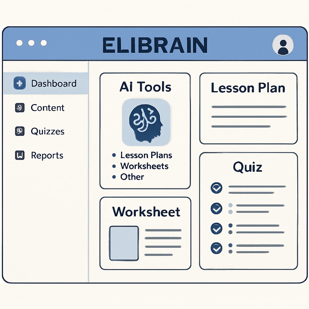 A sleek, modern interface of ELIBRAIN's dashboard showcasing AI-powered teaching tools. ELIBRAIN dashboard interface with AI teaching tools.