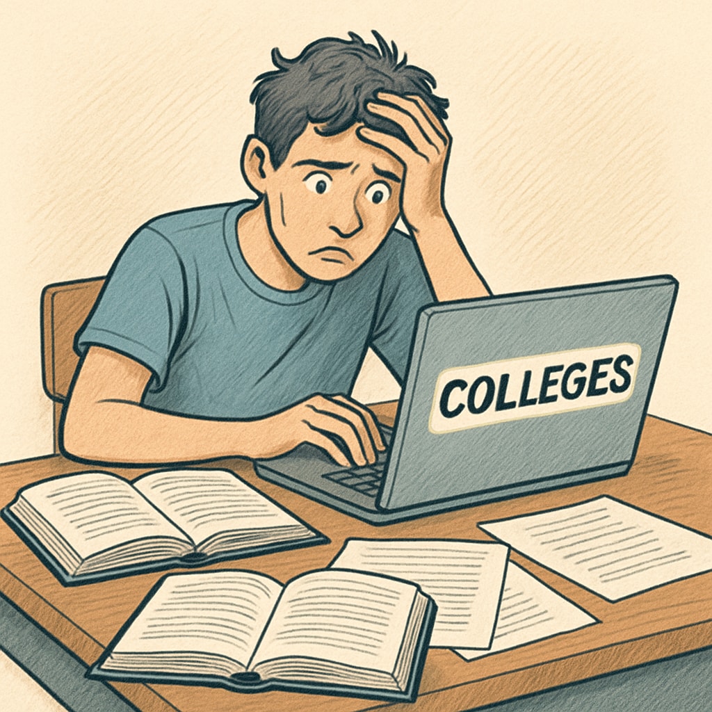 A high school student looking overwhelmed while researching colleges on a laptop. High school student overwhelmed by college application research.