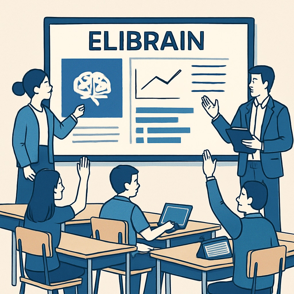 Teachers and students interacting with ELIBRAIN interface during a classroom session. Classroom session featuring ELIBRAIN AI teaching tools.