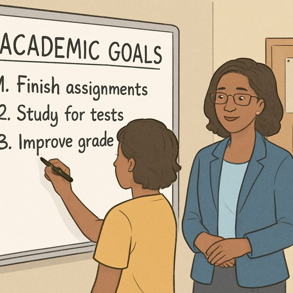 A student writing academic goals on a whiteboard with a counselor by their side. A student setting academic goals with the help of a counselor.
