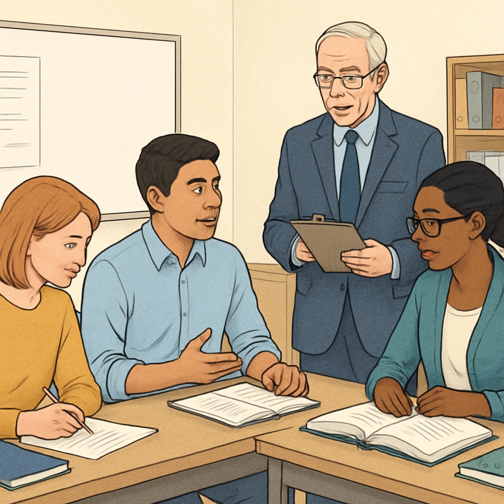 Teachers collaborating under the guidance of a professional academic supervisor.