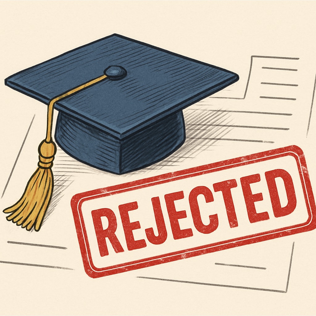 Graduation cap and rejected application stamp, showing consequences of dishonesty.