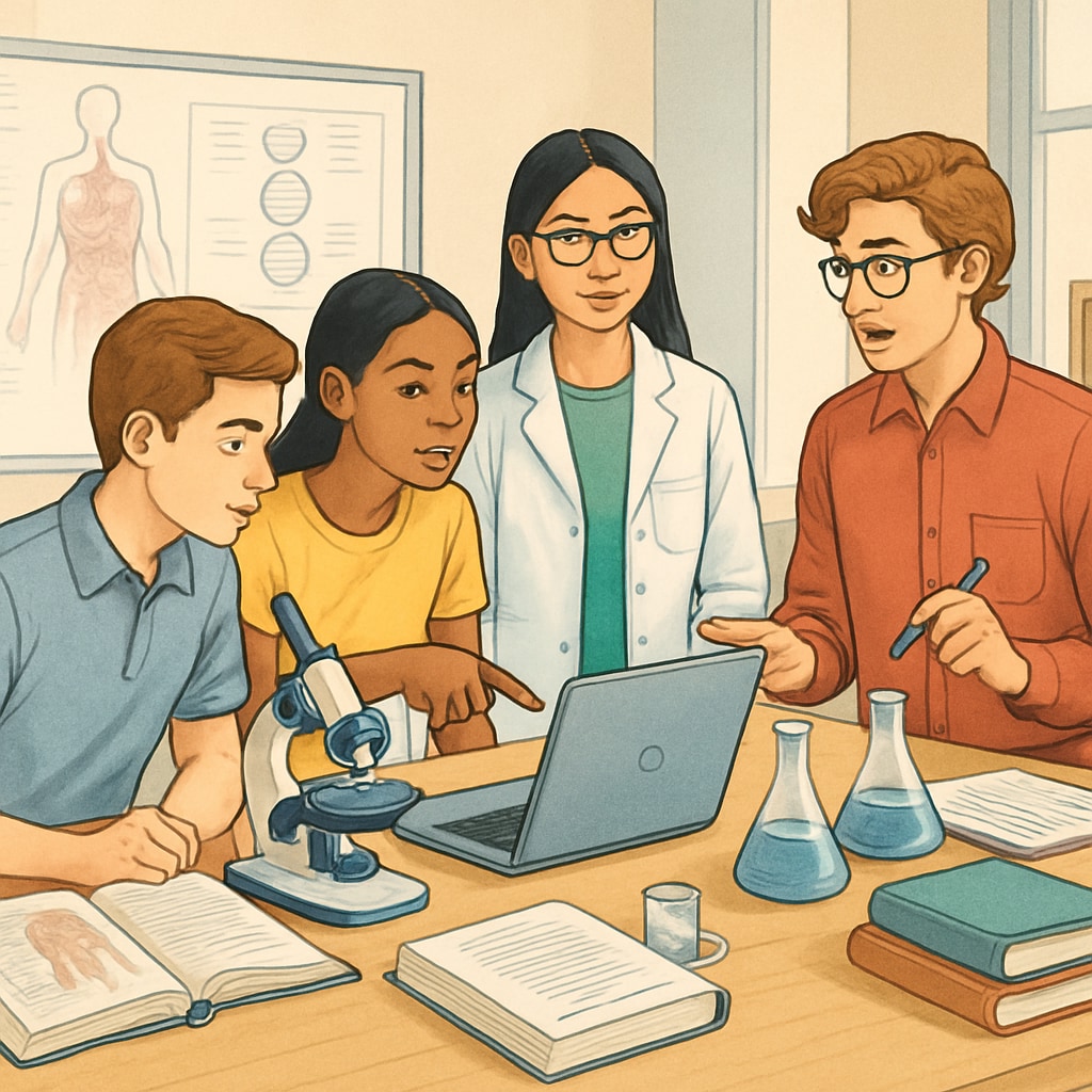 A group of high school students working collaboratively on a medical research project, representing teamwork in specialized education. High school students working on a medical research project.
