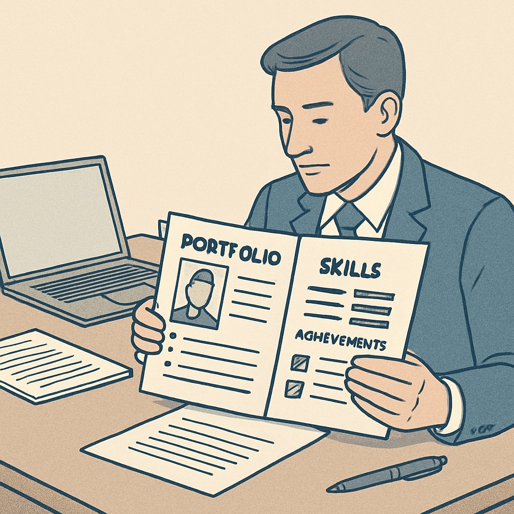 Recruiter analyzing a job candidate’s portfolio to evaluate skills beyond academic grades.