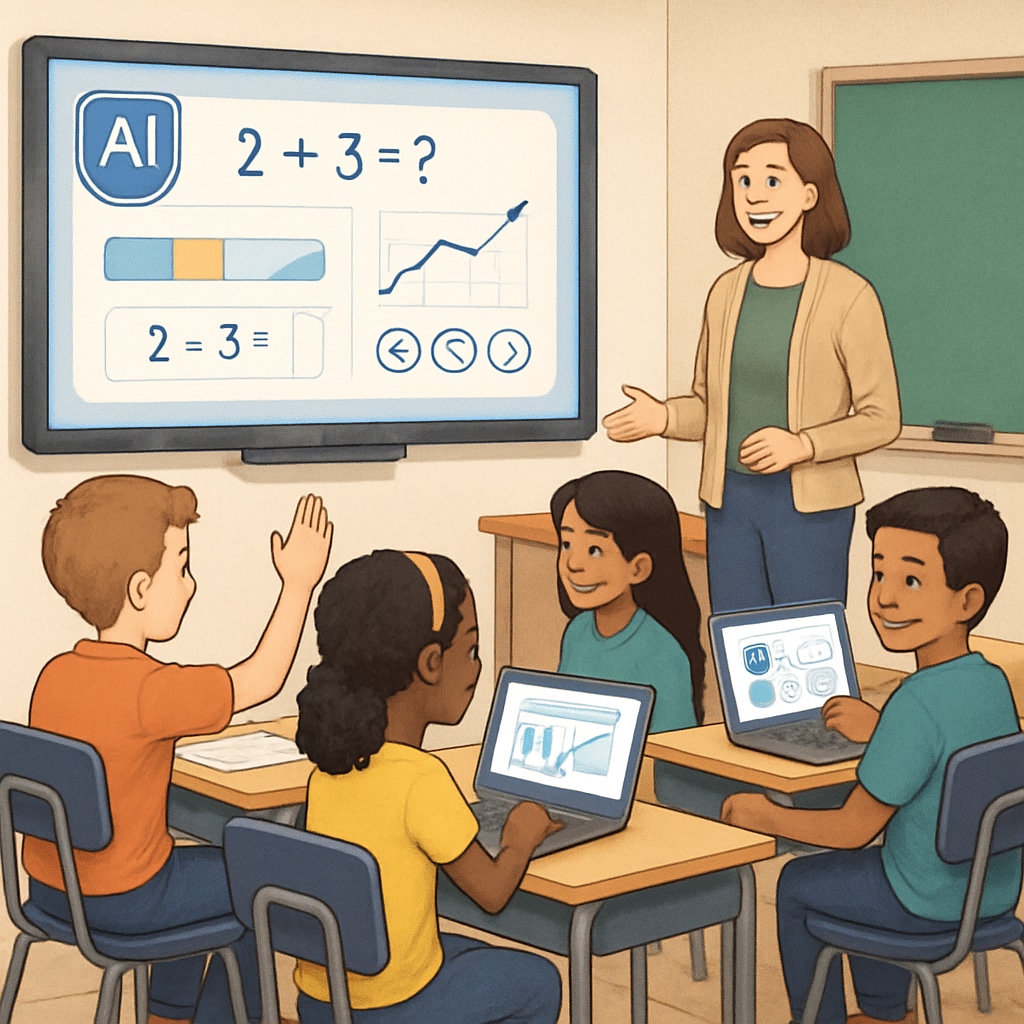A classroom scene where students interact with AI-powered educational tools like adaptive learning platforms. Students using AI tools in a classroom setting, illustrating the role of AI in K-12 education.
