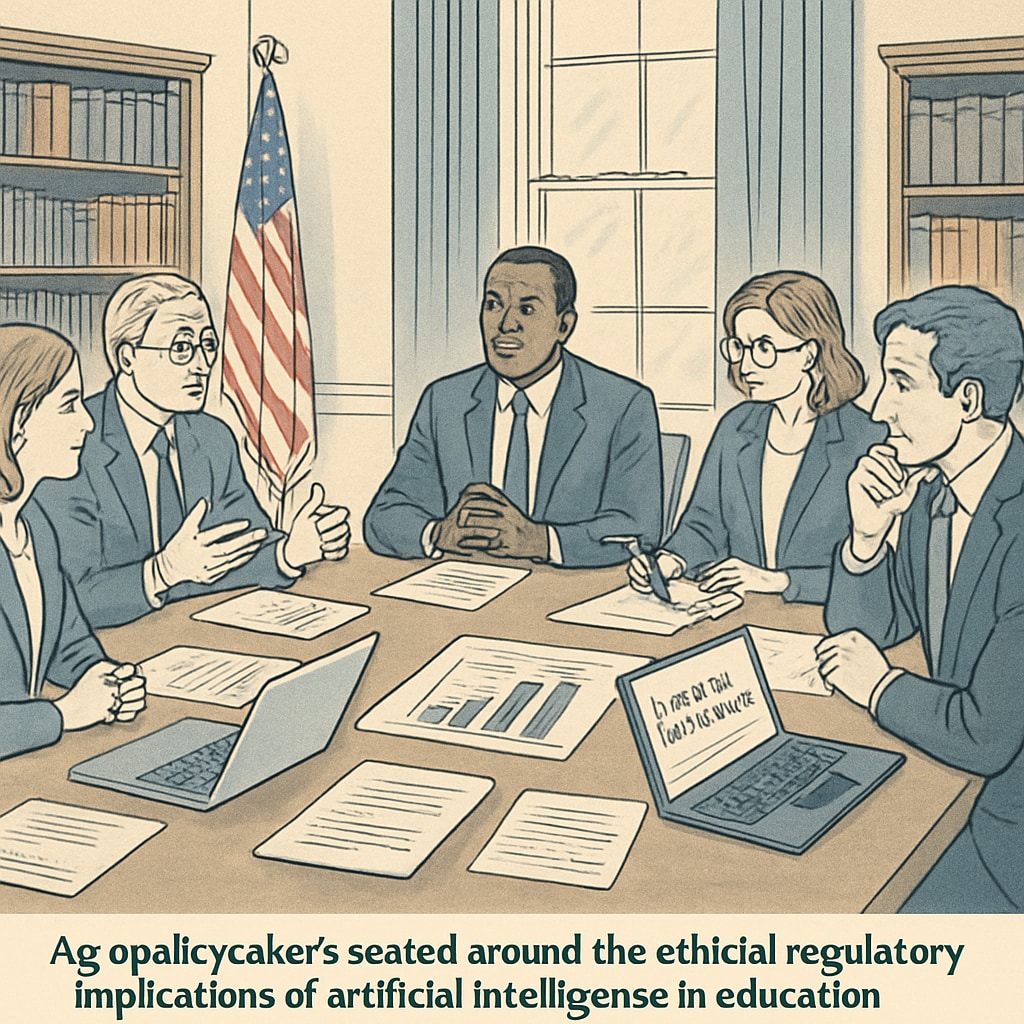 A group of policymakers at the White House discussing the ethical and regulatory implications of AI in education. White House policymakers discussing AI and its impact on education.