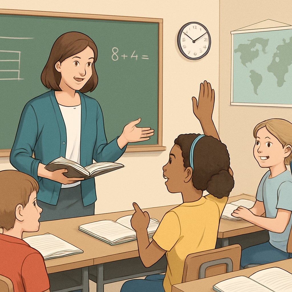 Elementary school classroom with teacher engaging students