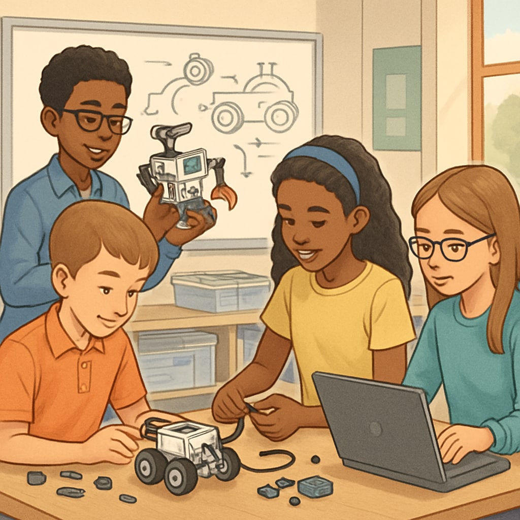 K12 students collaborating on a robotics project as part of a project-based robotics course.
