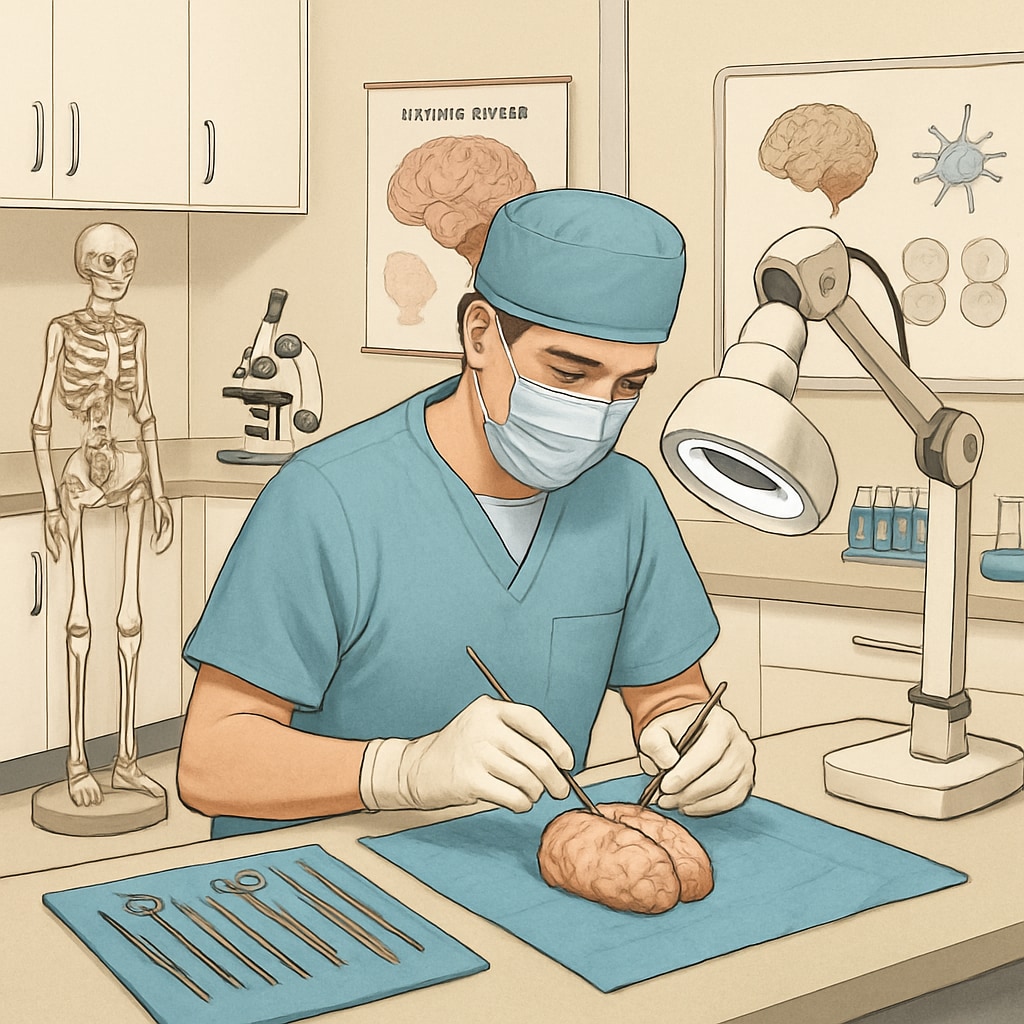 Medical student in a lab preparing for neurosurgery.