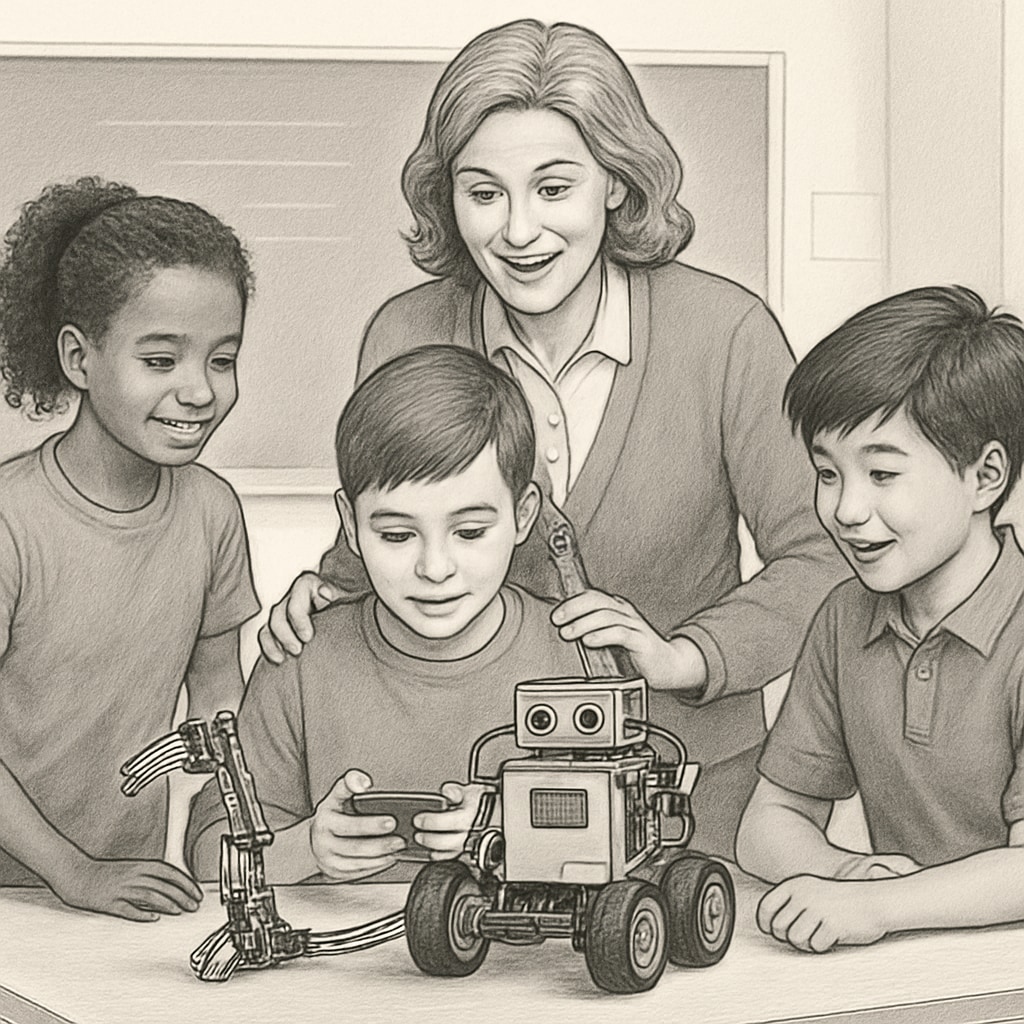 Teacher assisting students with a robotics project in a project-based learning session.