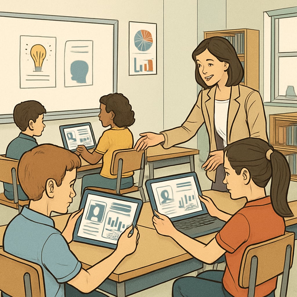 A classroom setting where students are engaging with AI-powered devices for personalized learning, emphasizing the role of technology in modern education. Students using AI-powered tablets in a classroom setting to enhance learning.