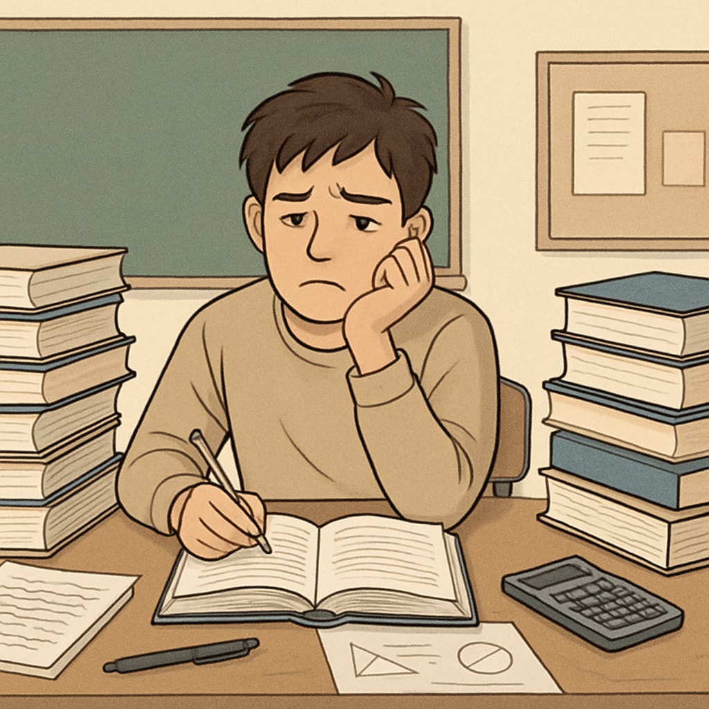 A student sitting at a desk, looking unmotivated and surrounded by books, symbolizing academic struggles. A university student dealing with academic struggles due to a lack of motivation.