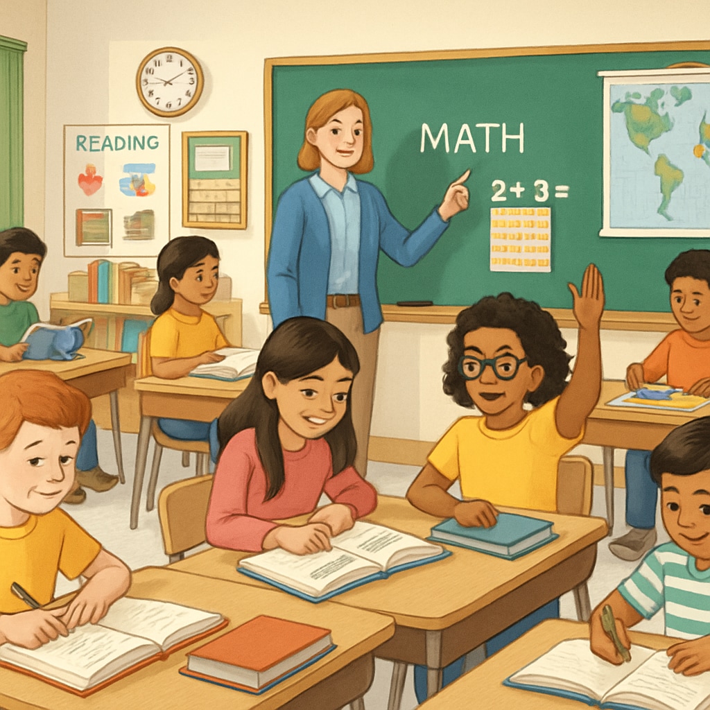 A classroom in a well-funded public school with diverse students actively engaging in learning activities. Public school classroom showcasing diversity and quality education.