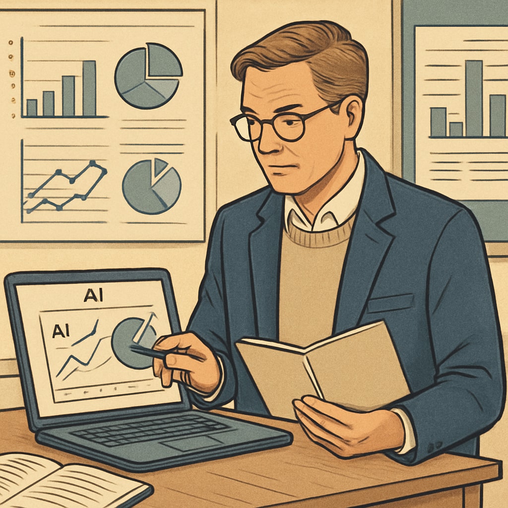 An educator analyzing AI-generated analytics to ensure ethical and transparent use of technology in education. Teacher reviewing AI analytics with a focus on transparency and ethics.