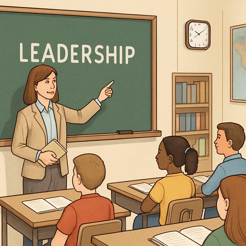 A classroom setting where a teacher interacts with students, symbolizing the importance of professional leadership in education. Teacher guiding students in a classroom setting, emphasizing leadership in education.