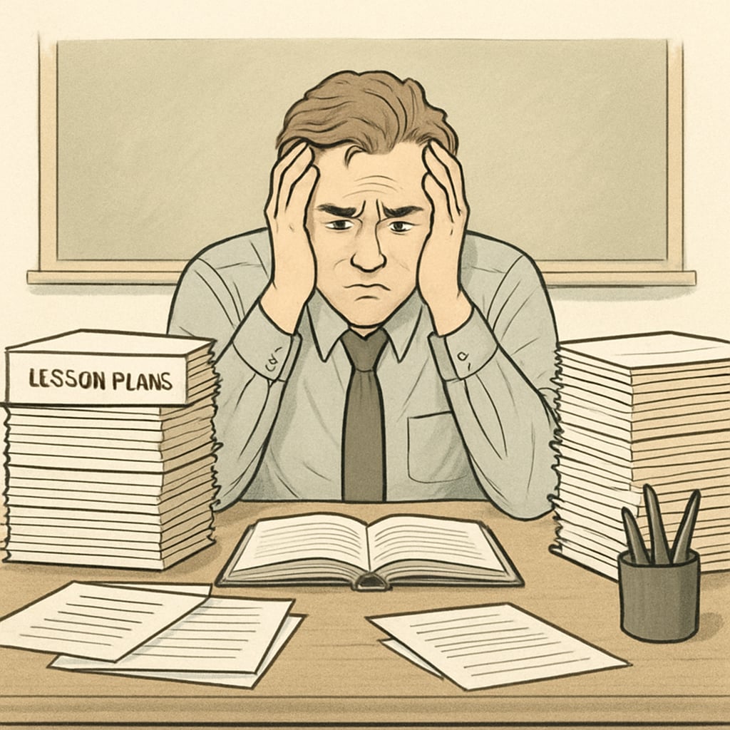 A frustrated teacher at their desk surrounded by lesson plans, illustrating the emotional toll of ineffective supervision. Frustrated teacher dealing with lesson plans due to ineffective academic leadership.