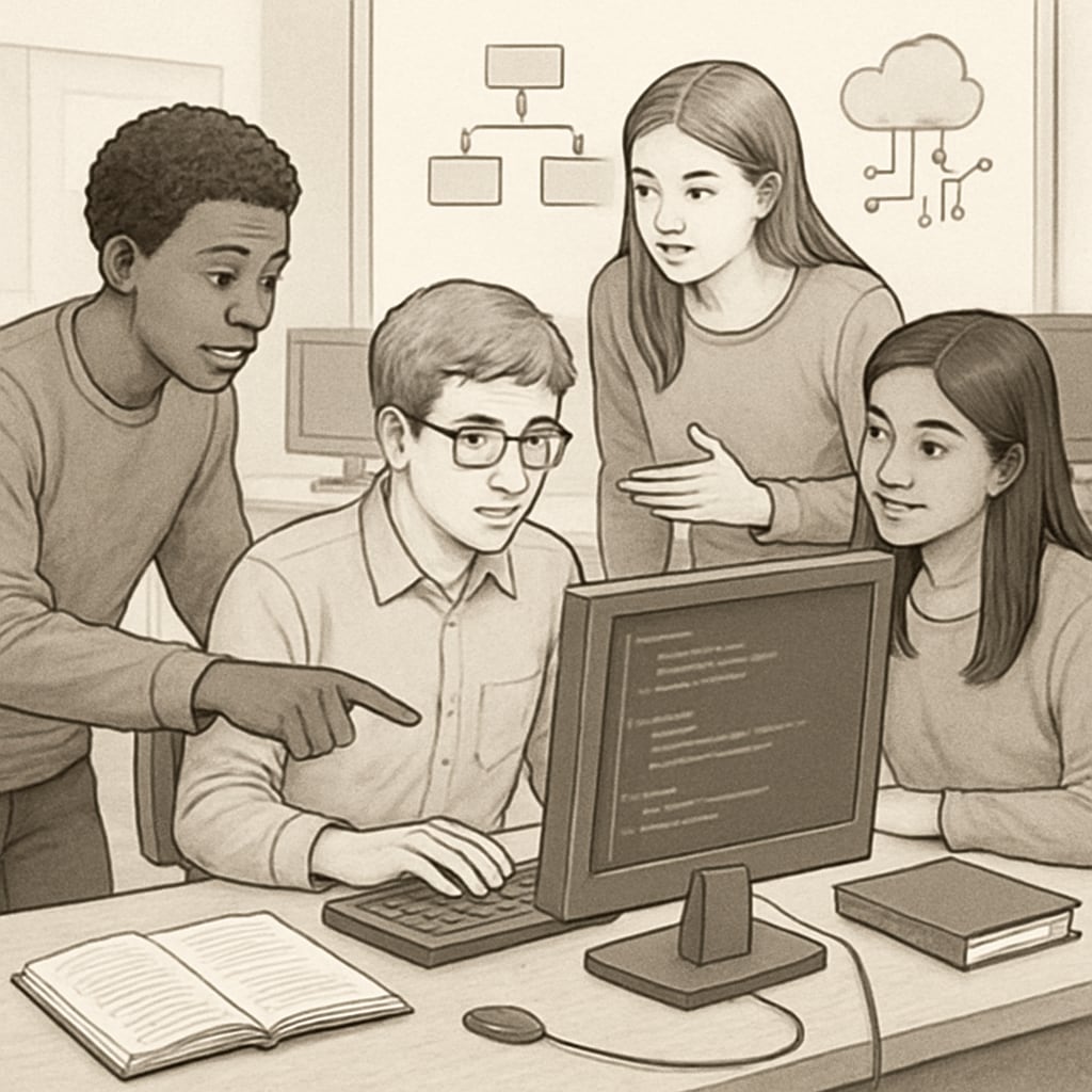 A group of students working on a computer science project, showcasing teamwork and practical application of knowledge. Students collaborating on a BTEC Computer Science project.