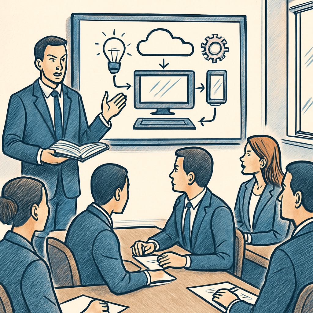 A professional presenting a tech solution at an office meeting, symbolizing the application of academic knowledge in the workplace. Office presentation reflecting A-level Computer Science skills in action.