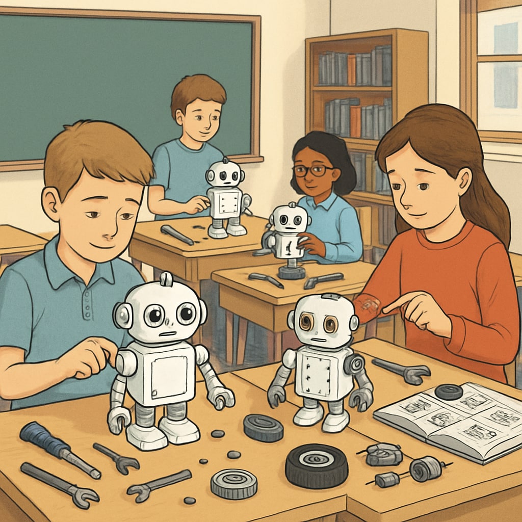 Students assembling robots in a classroom during a beginner robotics course.