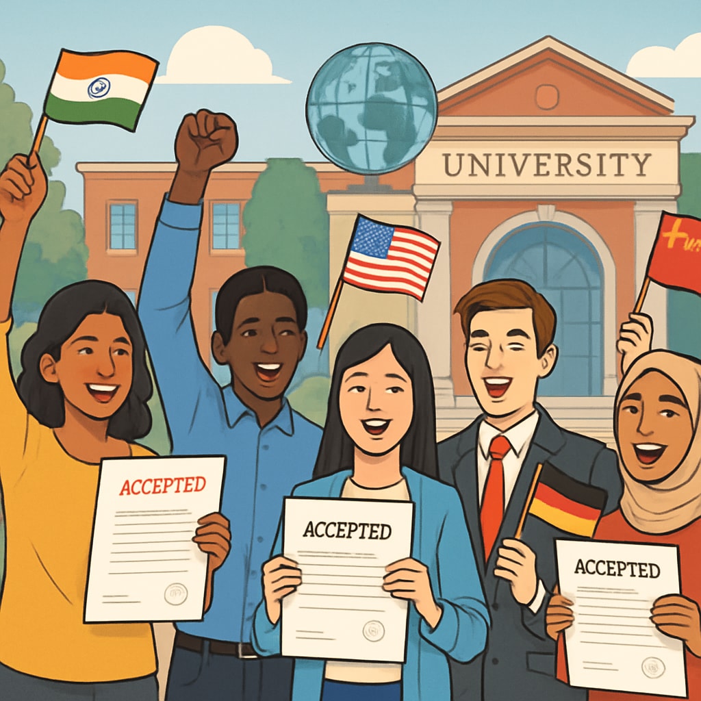 A diverse group of international students celebrating acceptance letters to American universities, emphasizing global education opportunities. International students celebrating university acceptance in the United States.