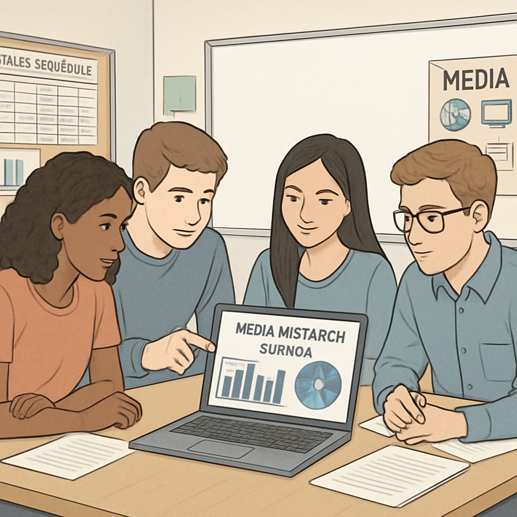 A group of students working together on a media research project, analyzing survey results on a laptop in a classroom setting. Students analyzing survey data as part of a K12 media research project