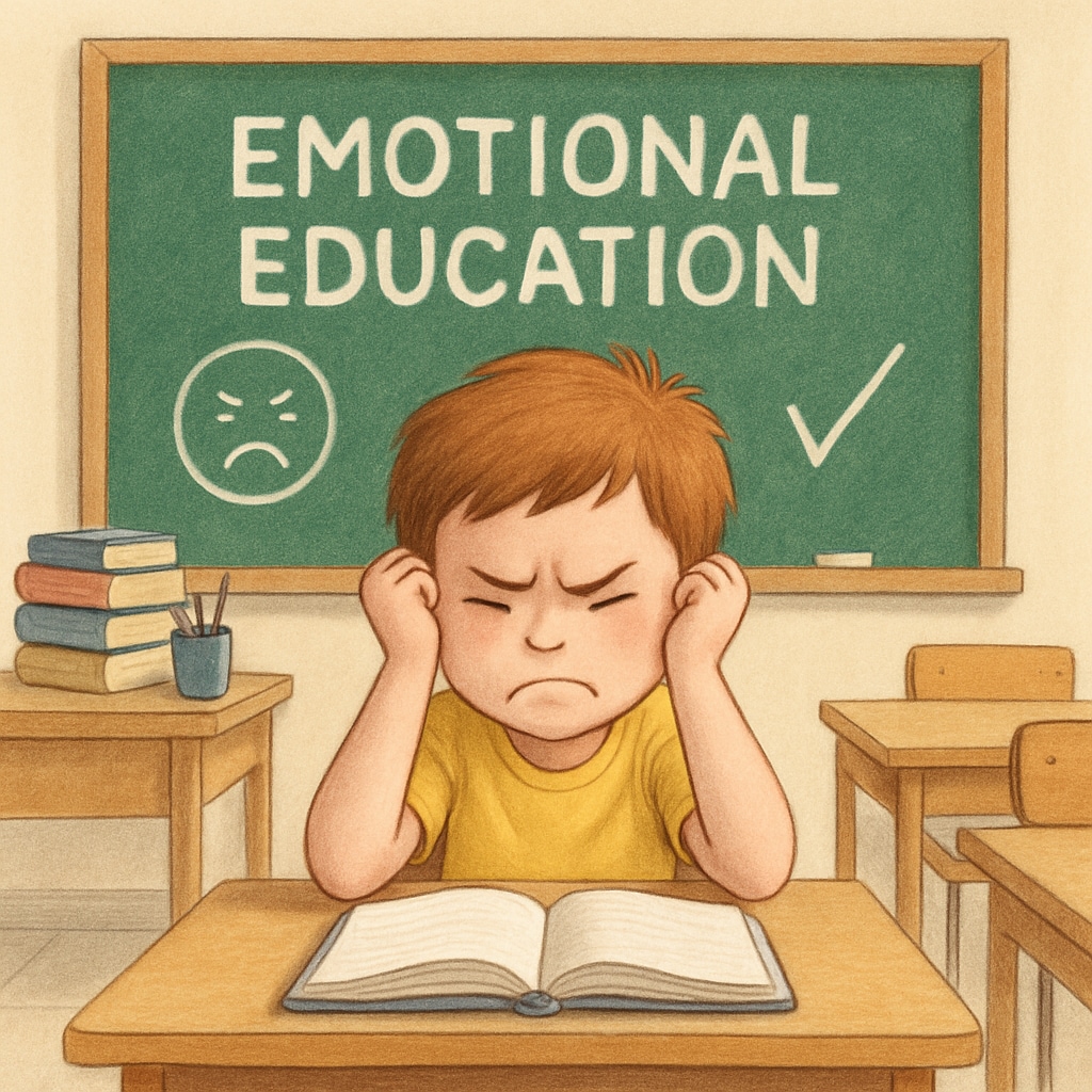 A frustrated child in a classroom, emphasizing the importance of emotional education.