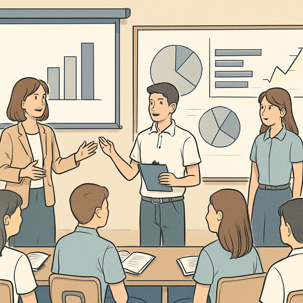 A teacher guiding a group of high school students as they present their survey findings using charts and graphs. Teacher assisting students in presenting their survey findings