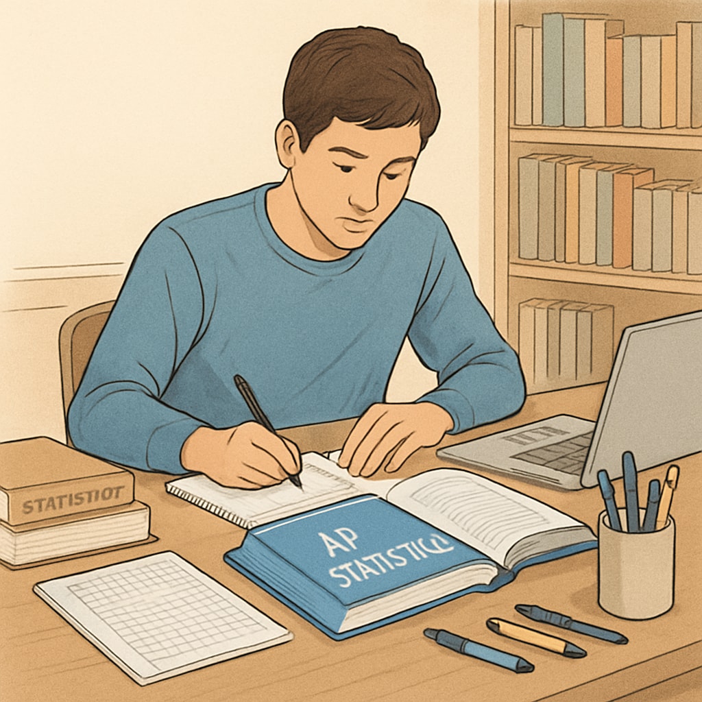 A high school student studying AP Statistics at home, surrounded by study materials like textbooks, notebooks, and a laptop. High school student studying AP Statistics with study materials.