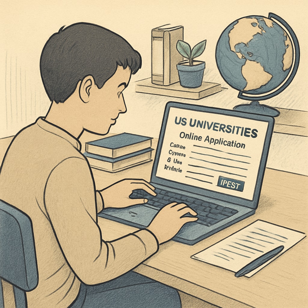 A student completing an online application form for US universities. A-level student filling out a US university application.