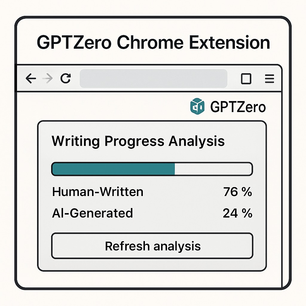 A screenshot of the GPTZero Chrome Extension interface showing writing progress analysis. GPTZero Chrome Extension interface for academic monitoring.