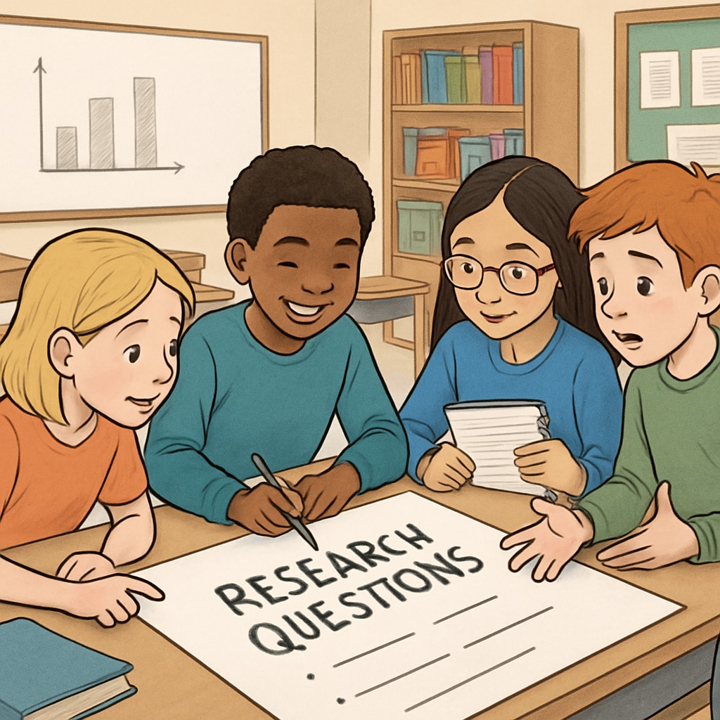 Students brainstorming research questions in a classroom, highlighting inquiry skills.