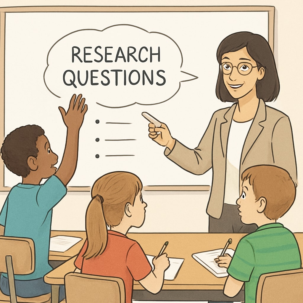 A classroom setting where a teacher is guiding students in brainstorming research questions. Teacher helping students brainstorm effective research questions.