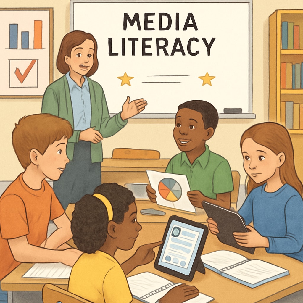 Students in a classroom working on a media literacy project as part of K12 education.